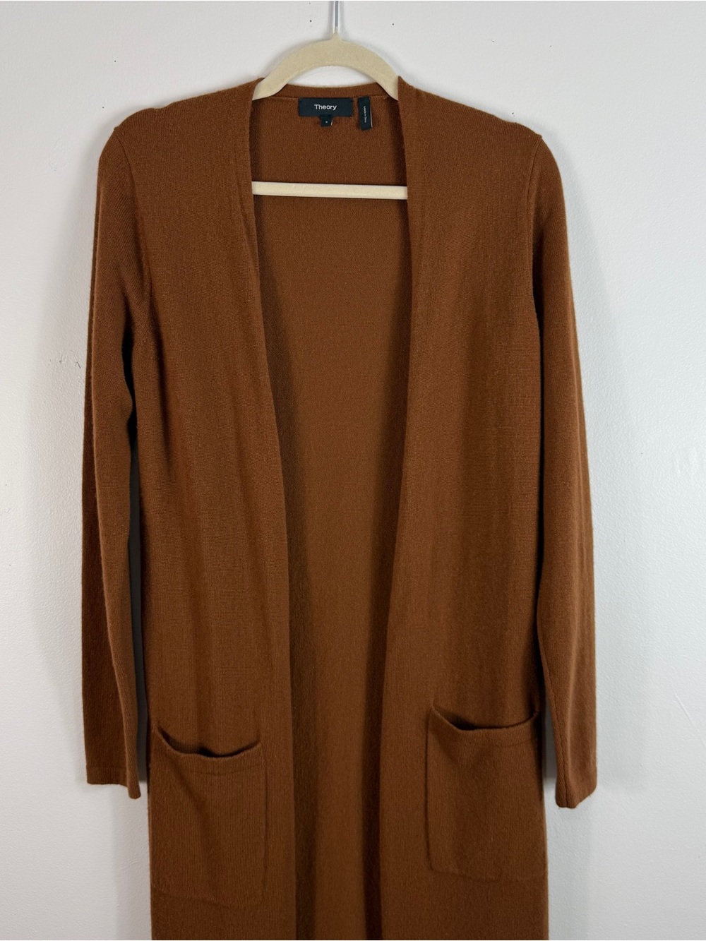 Theory 100% Cashmere Open Front Duster Cardigan Women’s S Brown Pockets - Picture 2 of 12